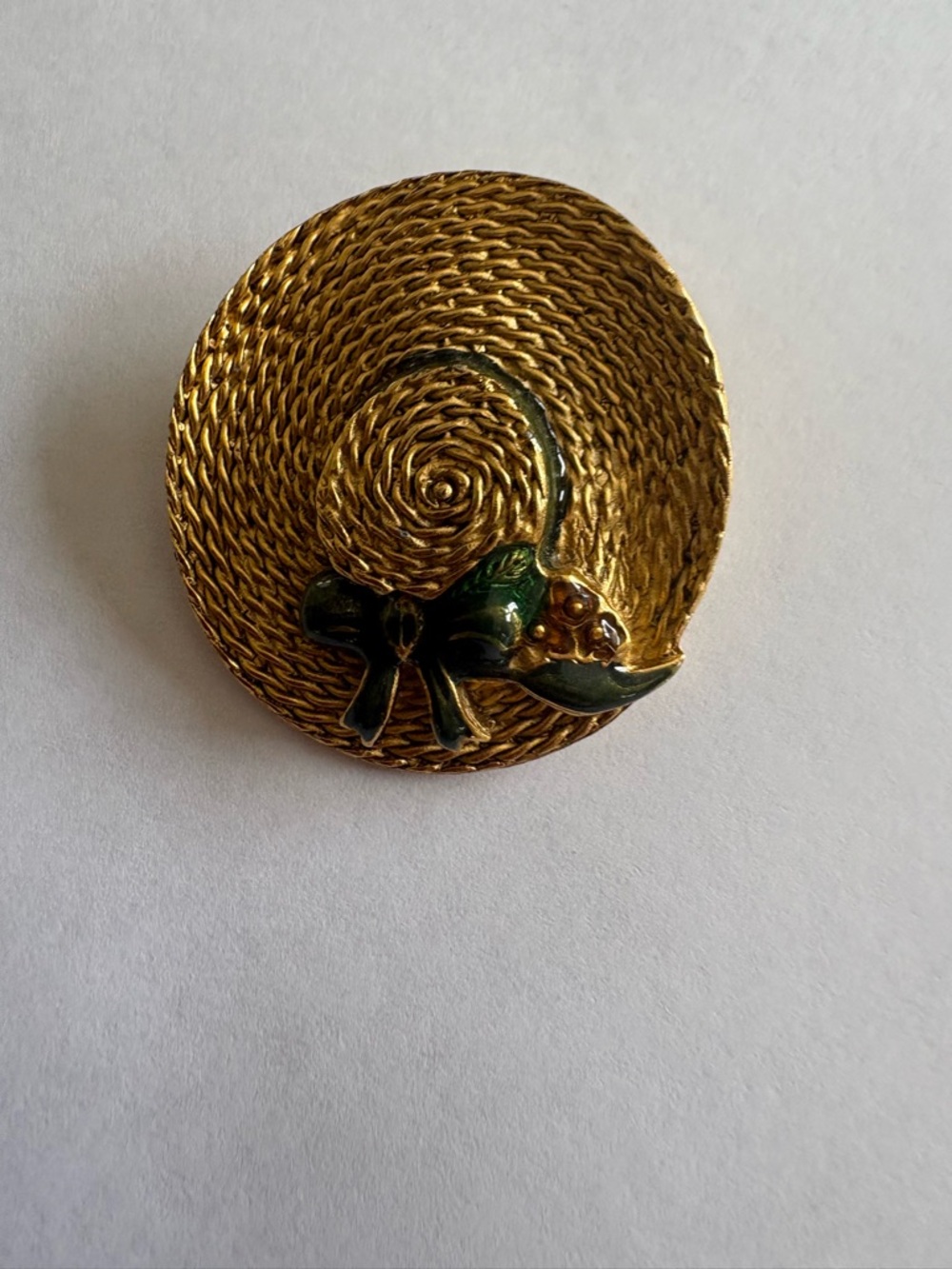 Vintage Museum of Fine Arts Gold Straw Hat Brooch  Green Enamel Bow Collectible